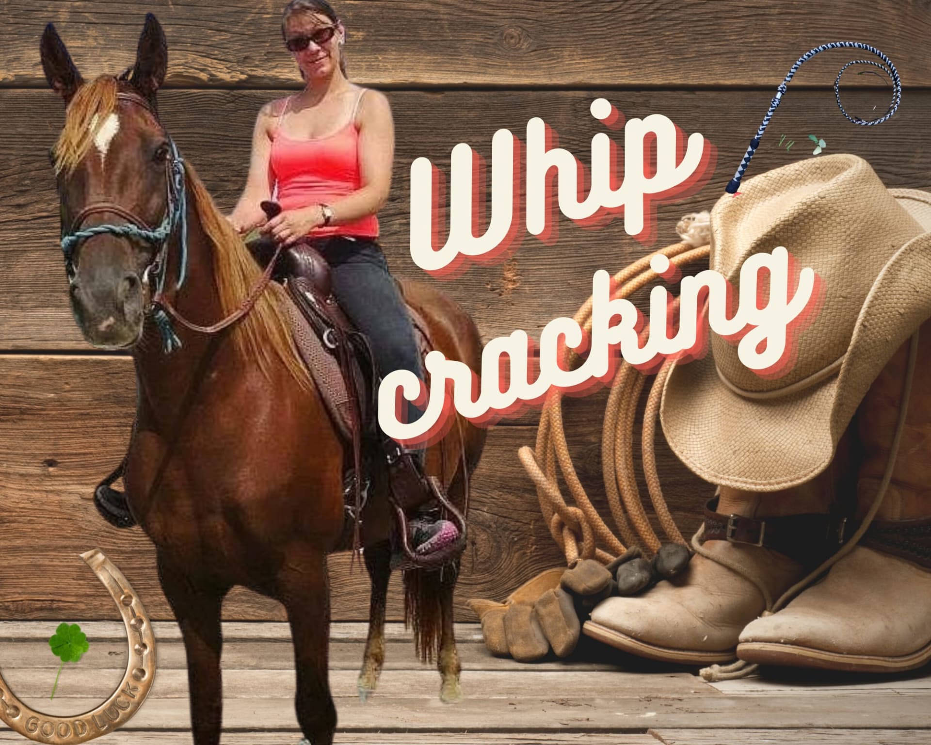 Western-miljöö, jossa bootsit, stetson, lasso ja nainen ratsastamassa hevosella