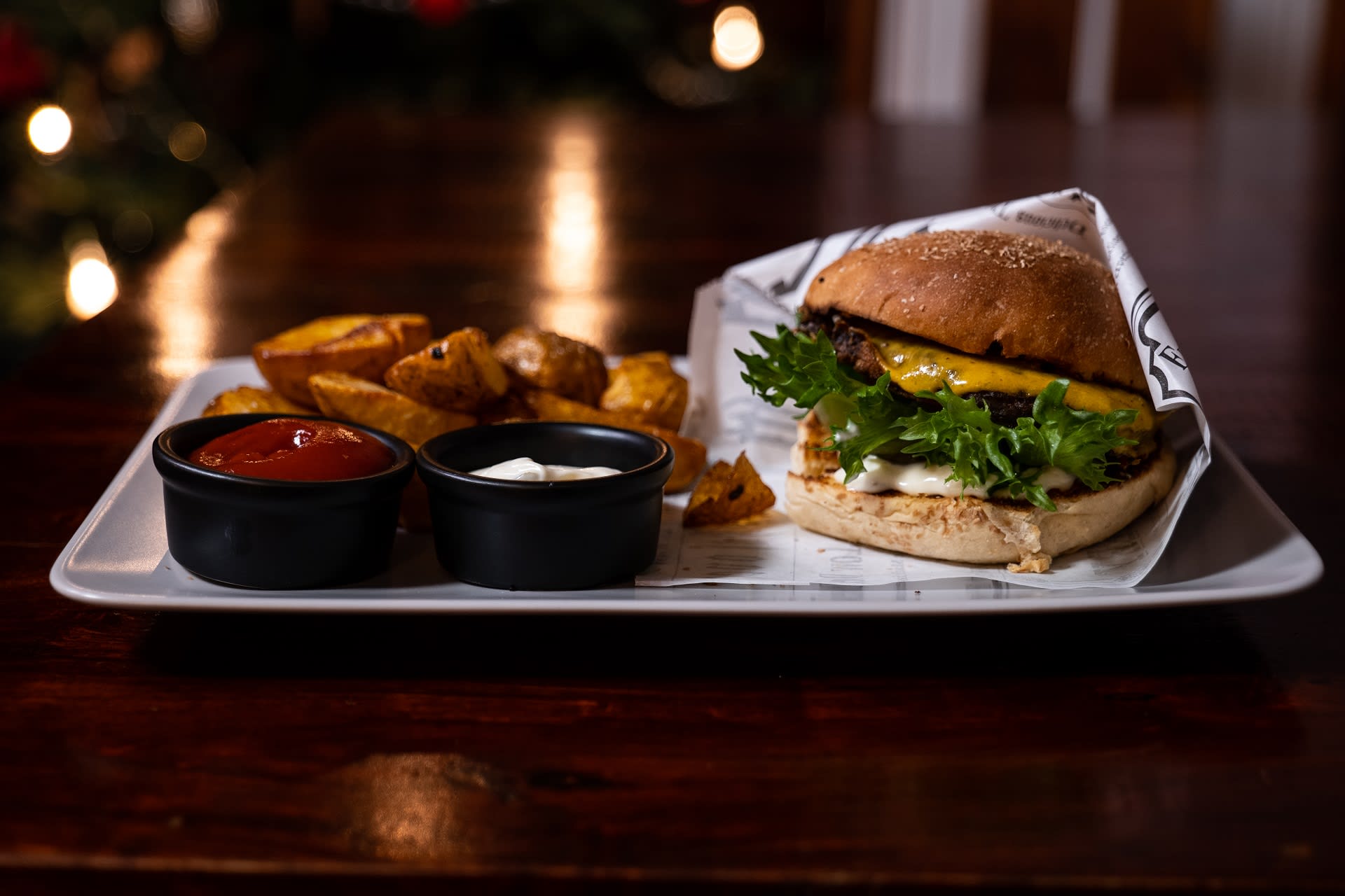 Haikku hamburger and fries prepared of local ingredients.