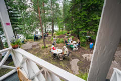 view from crepe café porch, people enjoying their crepes