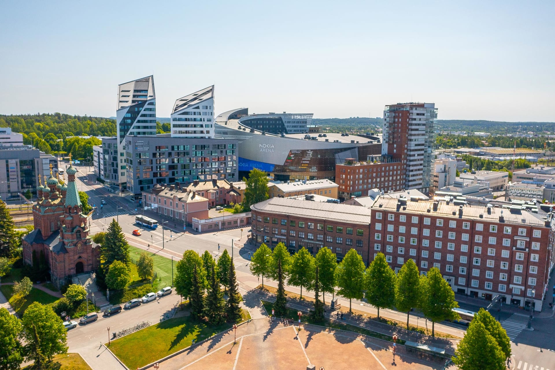 Aerial photo of the Nokia Arena on a sunny day