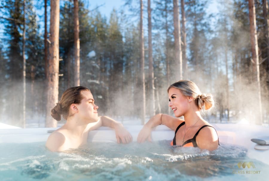 Each Glass Apartment has a Hot Spring outdoor hot tub and a private Sauna.